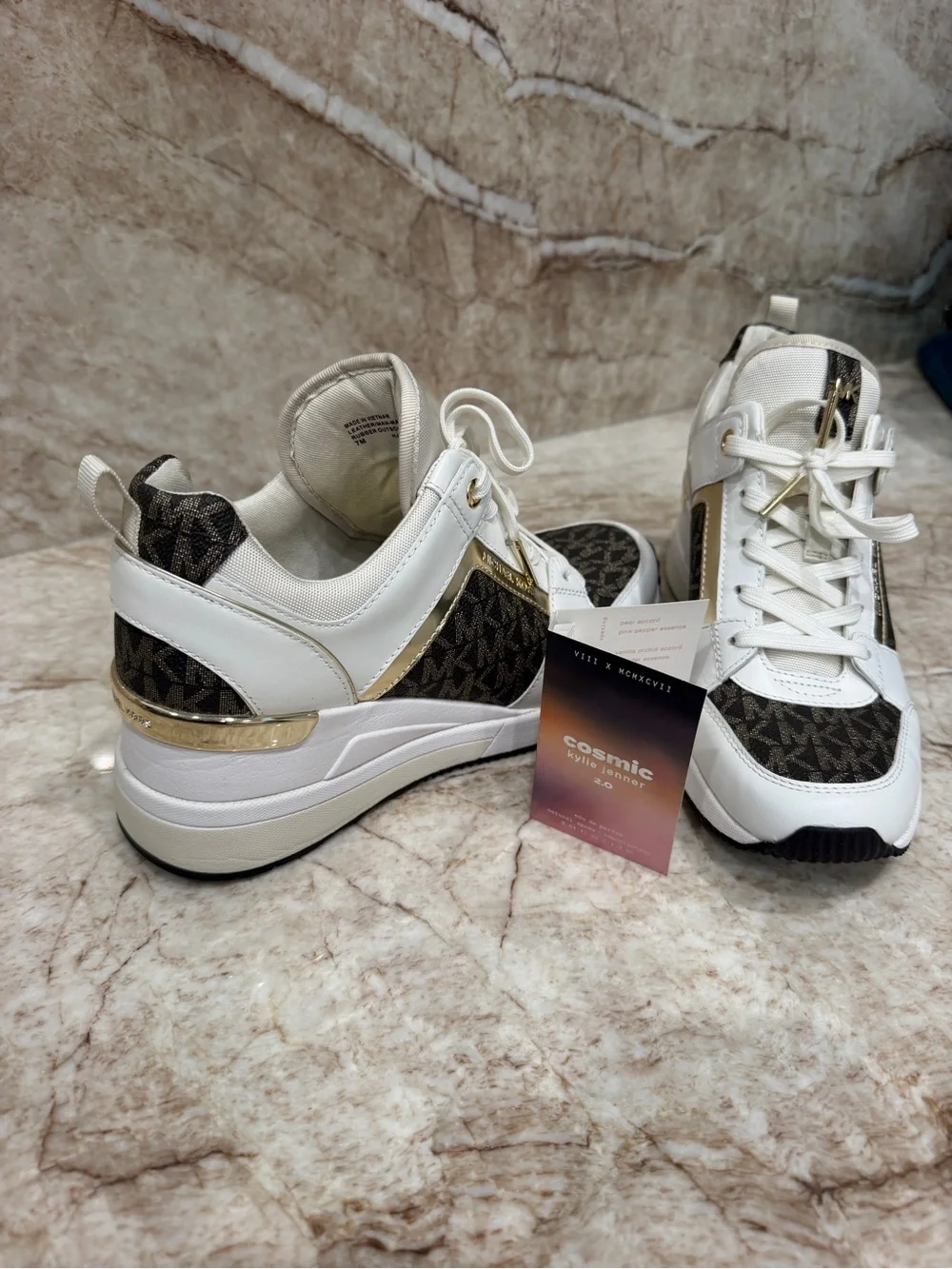 Michael Kors White, Brown & Gold Wedge Sneakers